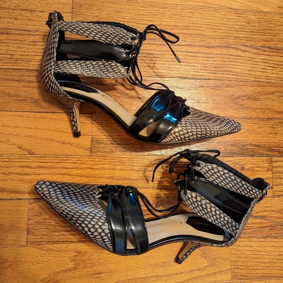 Zara Woman taupe black leather gladiator caged snake scale low heels - Picture 2 of 8